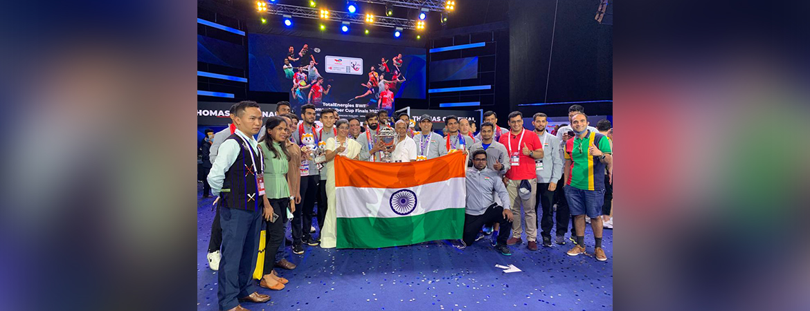  Indian badminton team after winning Thomas Cup 2022 at Bangkok