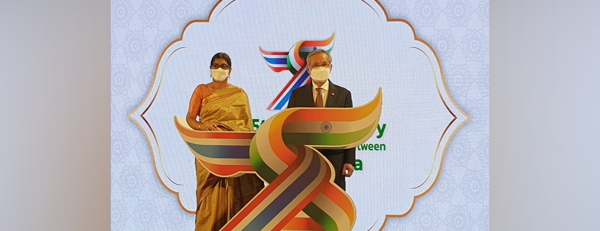  H.E Mr. Don Pramudwinai, Deputy Prime Minister & Foreign Minister of Thailand and Ambassador Suchitra Durai jointly unveil the Logo on the occasion of 75th Anniversary of establishment of Diplomatic Relations between India & Thailand